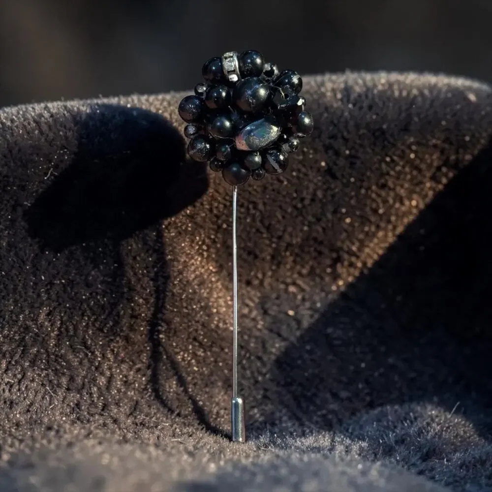 Black Bead Cluster Stick Pin Handmade From Vintage Earring Goth Victorian